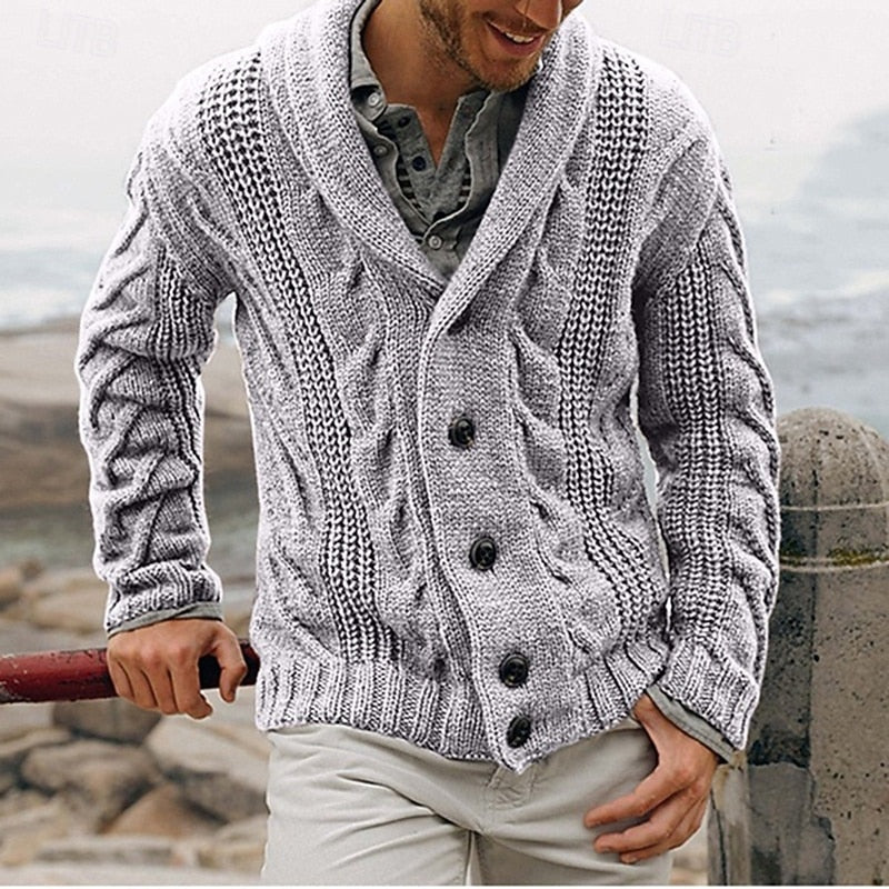 Cable-Knit Shawl Collar Cardigan
