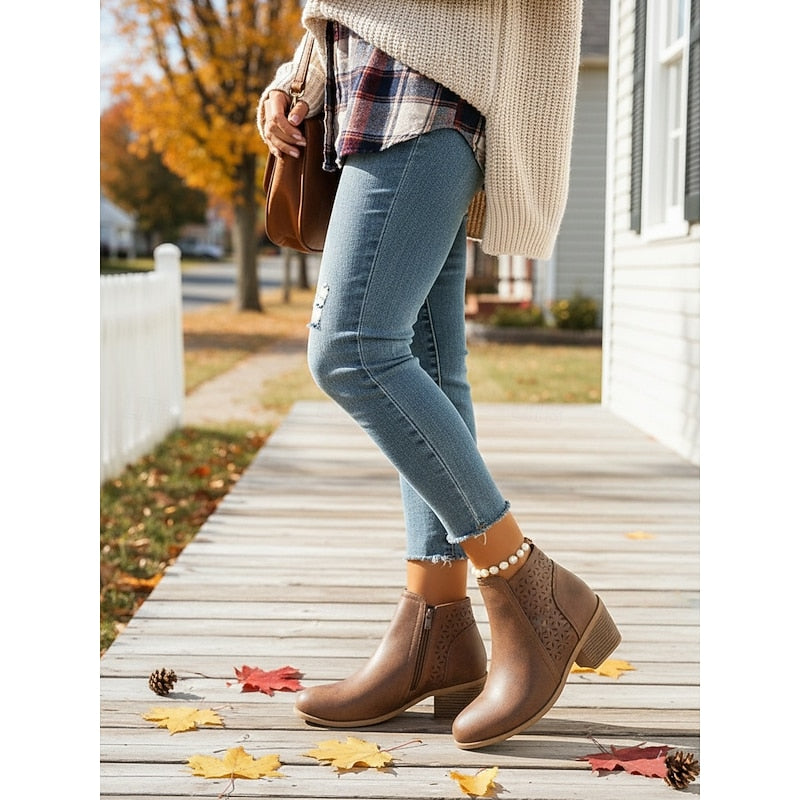 Cutout Low-Heel Ankle Boots