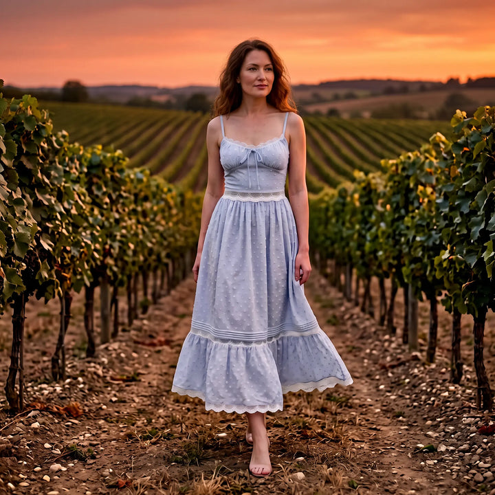 A woman walks through a vineyard at sunset wearing a pale blue polka dot maxi dress with delicate white lace trim, embodying a romantic summer resort aesthetic.