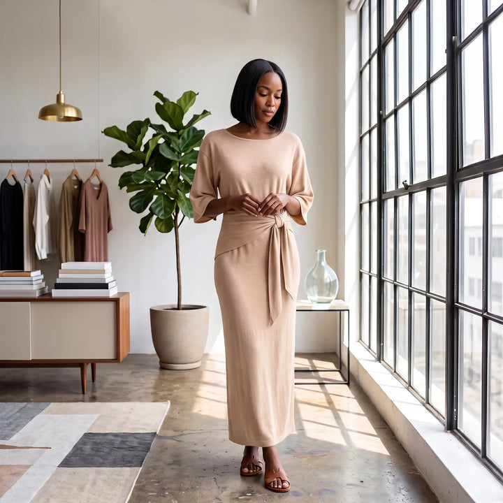 A woman models a long-sleeved, pale sand knit maxi dress with a tie-waist and U-neckline, standing in a bright, minimalist interior.