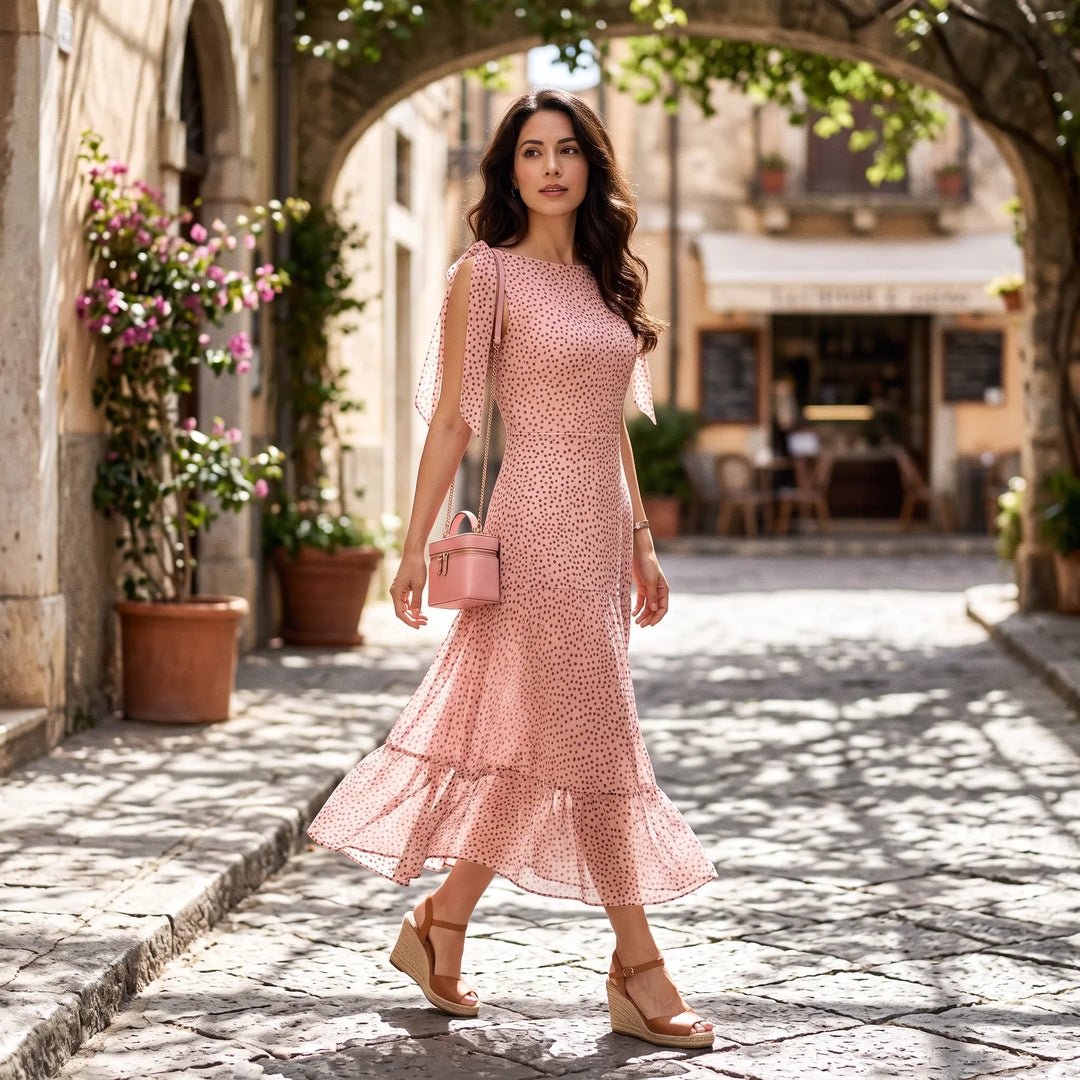 Woman wearing a flowing pink polka dot midi dress with a draped cowl neck and tied shoulder strap, walking down a charming European street with potted plants and arched architecture.
