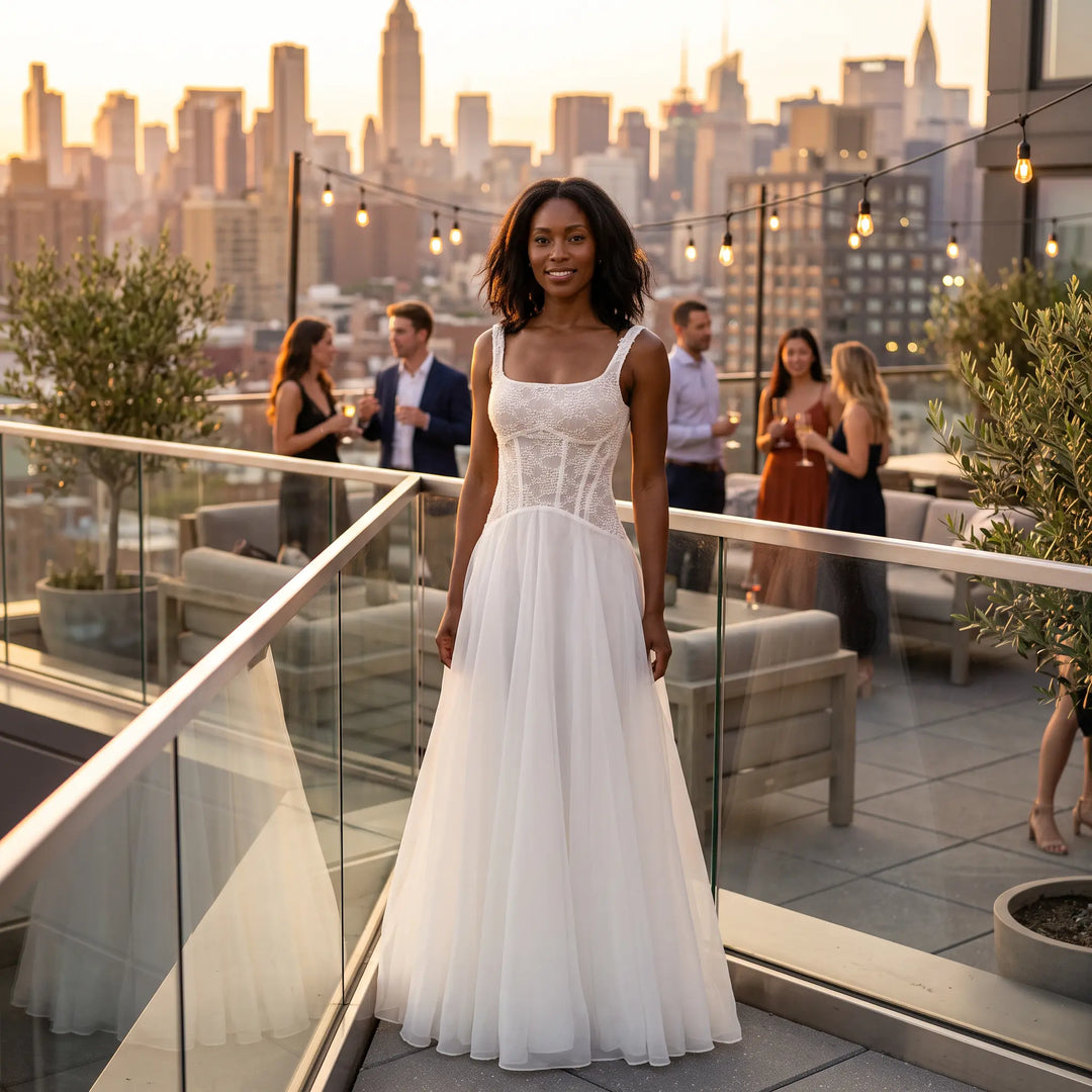 Woman smiling on a rooftop terrace at golden hour, wearing an elegant white sleeveless A-line midi dress with a detailed lace bodice and a flowing sheer skirt.