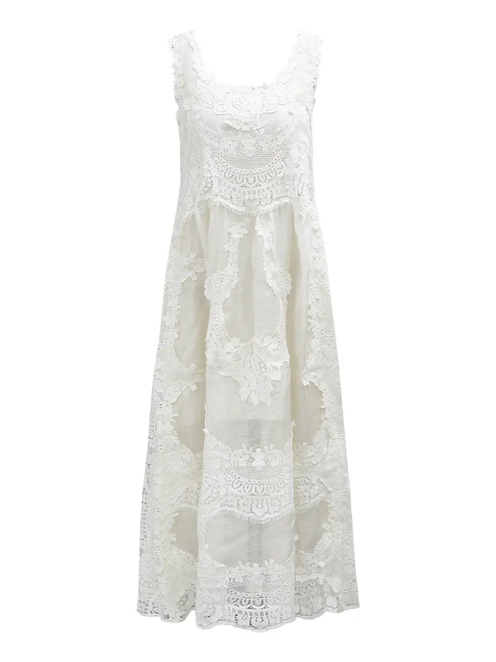Shalok white ethereal lace A-line maxi dress, sleeveless with a round neckline and delicate scalloped hem, presented on a clean white background.