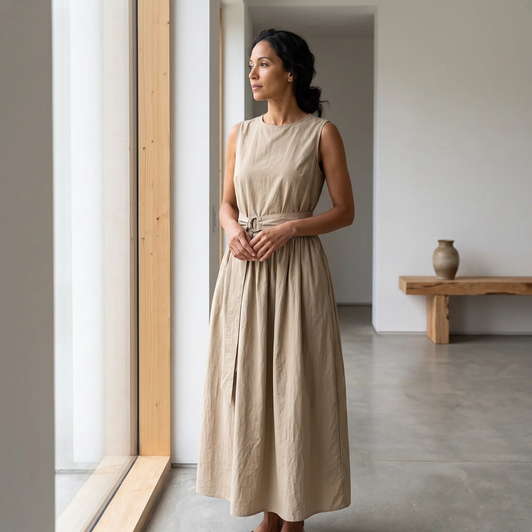 A woman wearing a sleeveless, light khaki A-line maxi dress with a belted waist, standing near a window in a bright, minimalist interior setting.