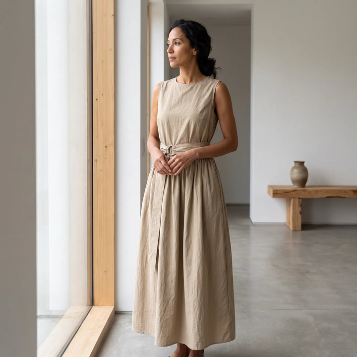 A woman wearing a sleeveless, light khaki A-line maxi dress with a belted waist, standing near a window in a bright, minimalist interior setting.