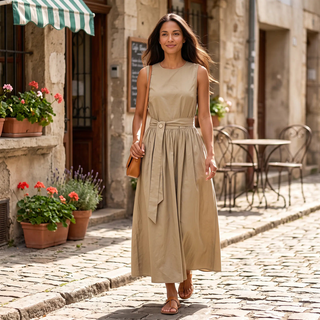 A woman walks down a cobblestone street wearing a sleeveless, warm khaki maxi dress with a belted waist, embodying timeless elegance and breathable comfort.