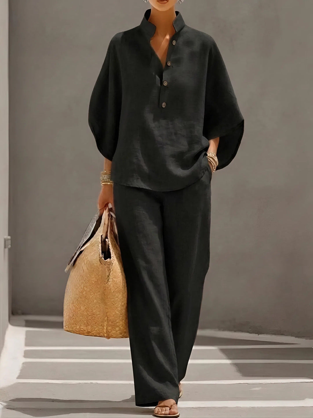 Wide Leg Collar Two-Piece Set