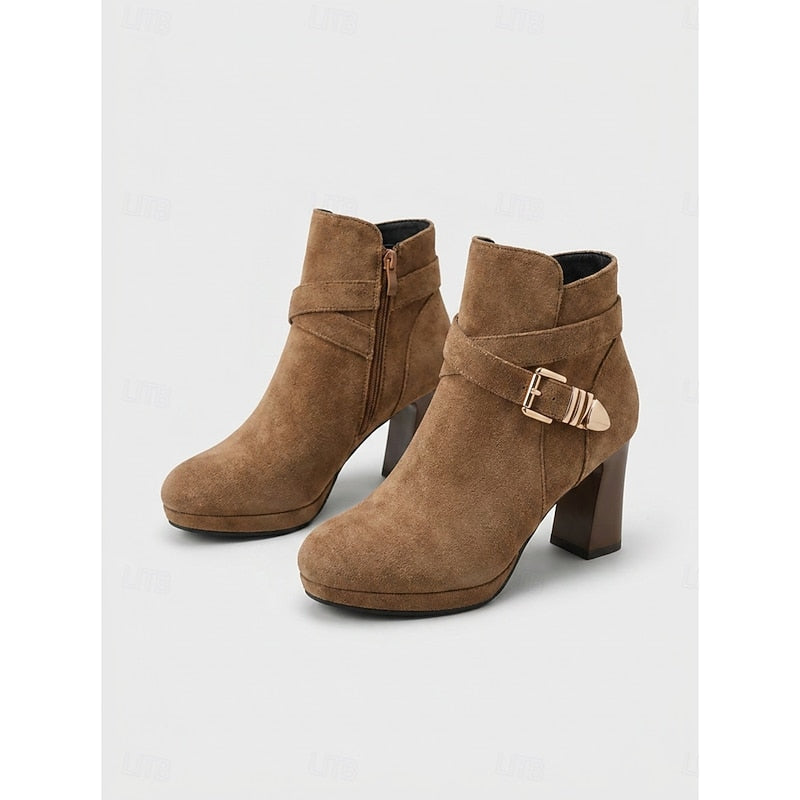 Buckle-Strap Block Heel Ankle Boots