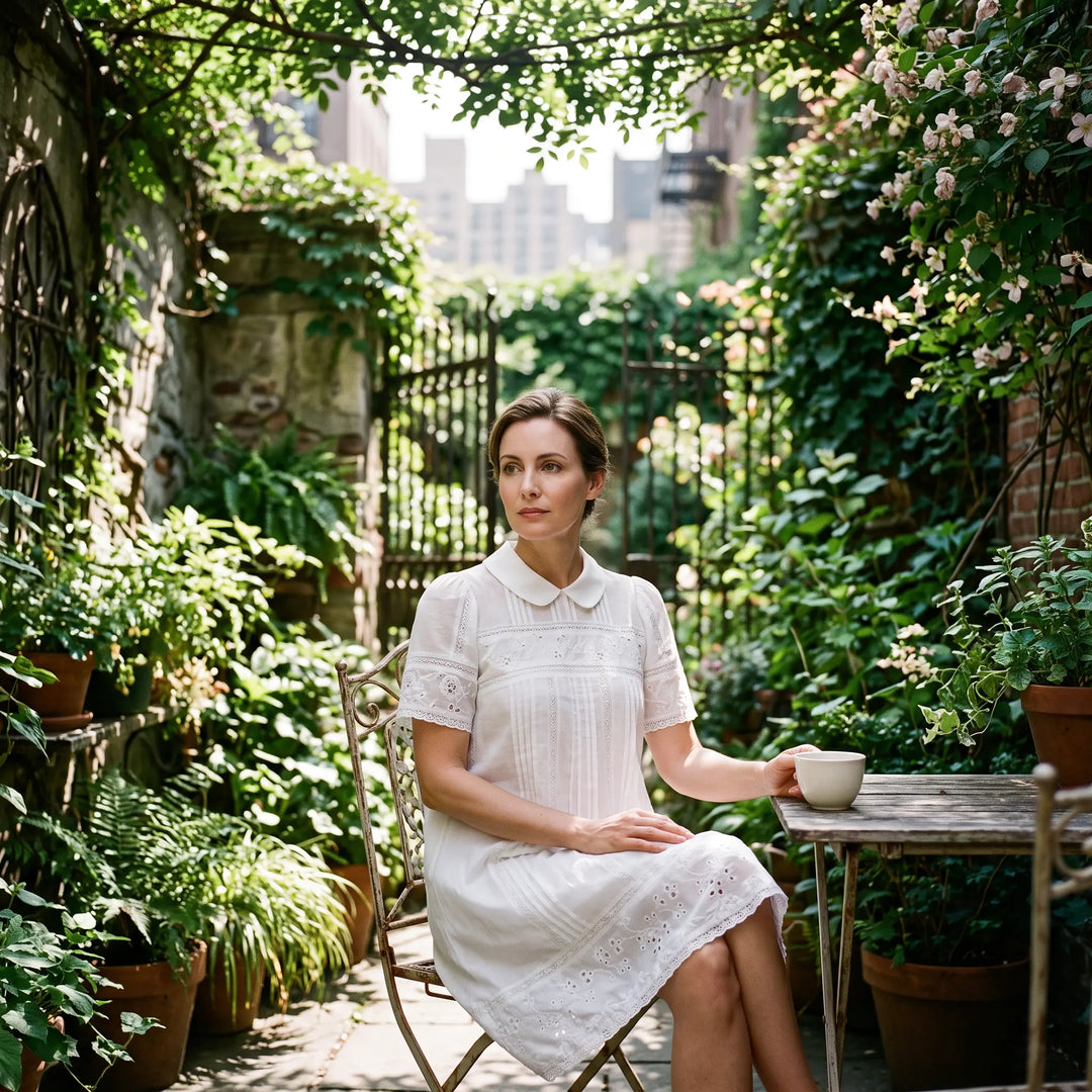 A woman sits in a tranquil garden setting, wearing a white embroidered cotton-blend A-line dress with a Peter Pan collar and puff sleeves.