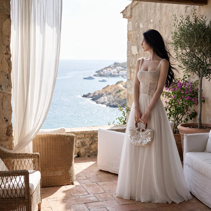 Elegant white sleeveless A-line midi dress with a detailed floral lace bodice and a flowing sheer skirt, worn by a woman on a scenic villa terrace overlooking the sea.