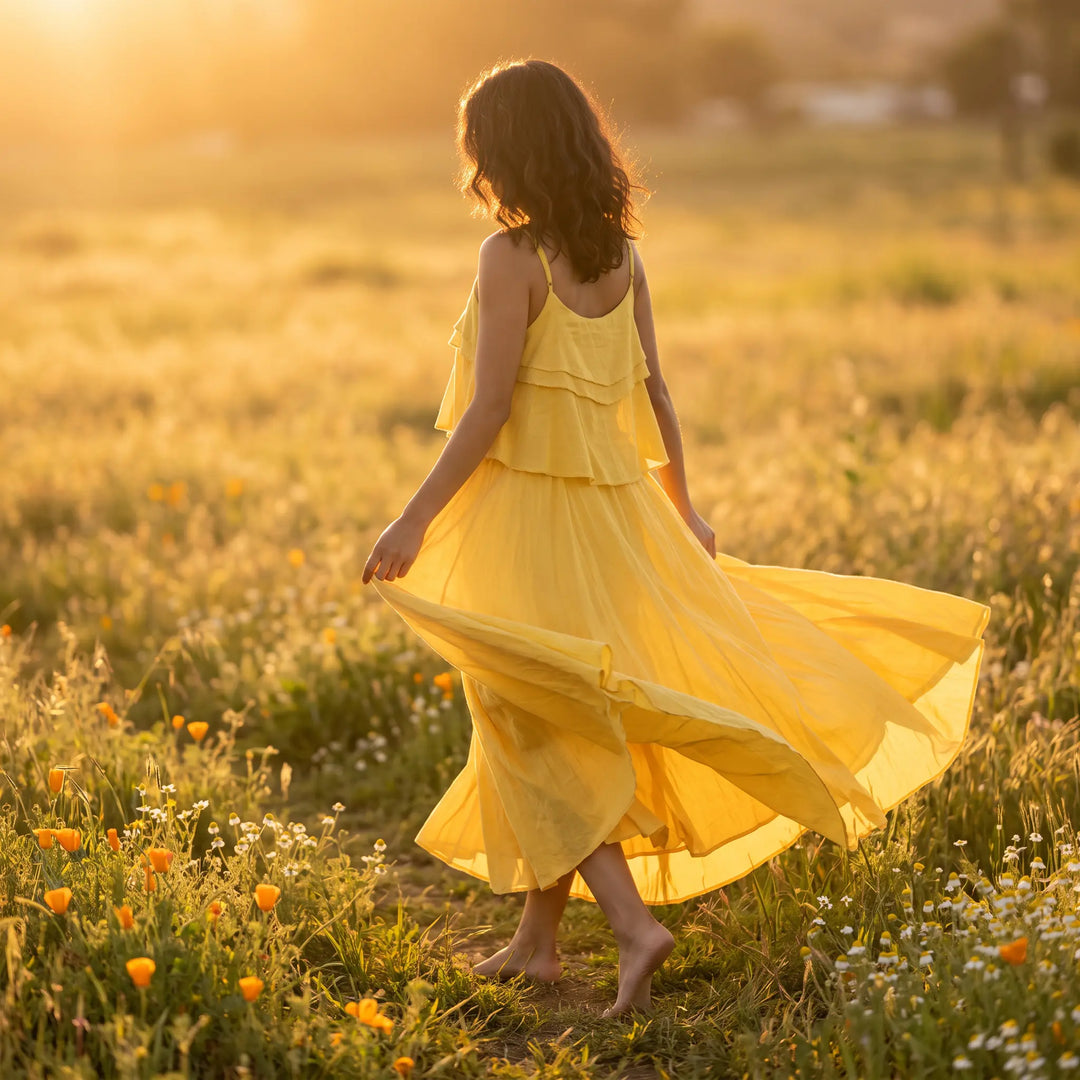 Woman in a flowing yellow pure cotton maxi dress with spaghetti straps, walking barefoot through a sunlit meadow.