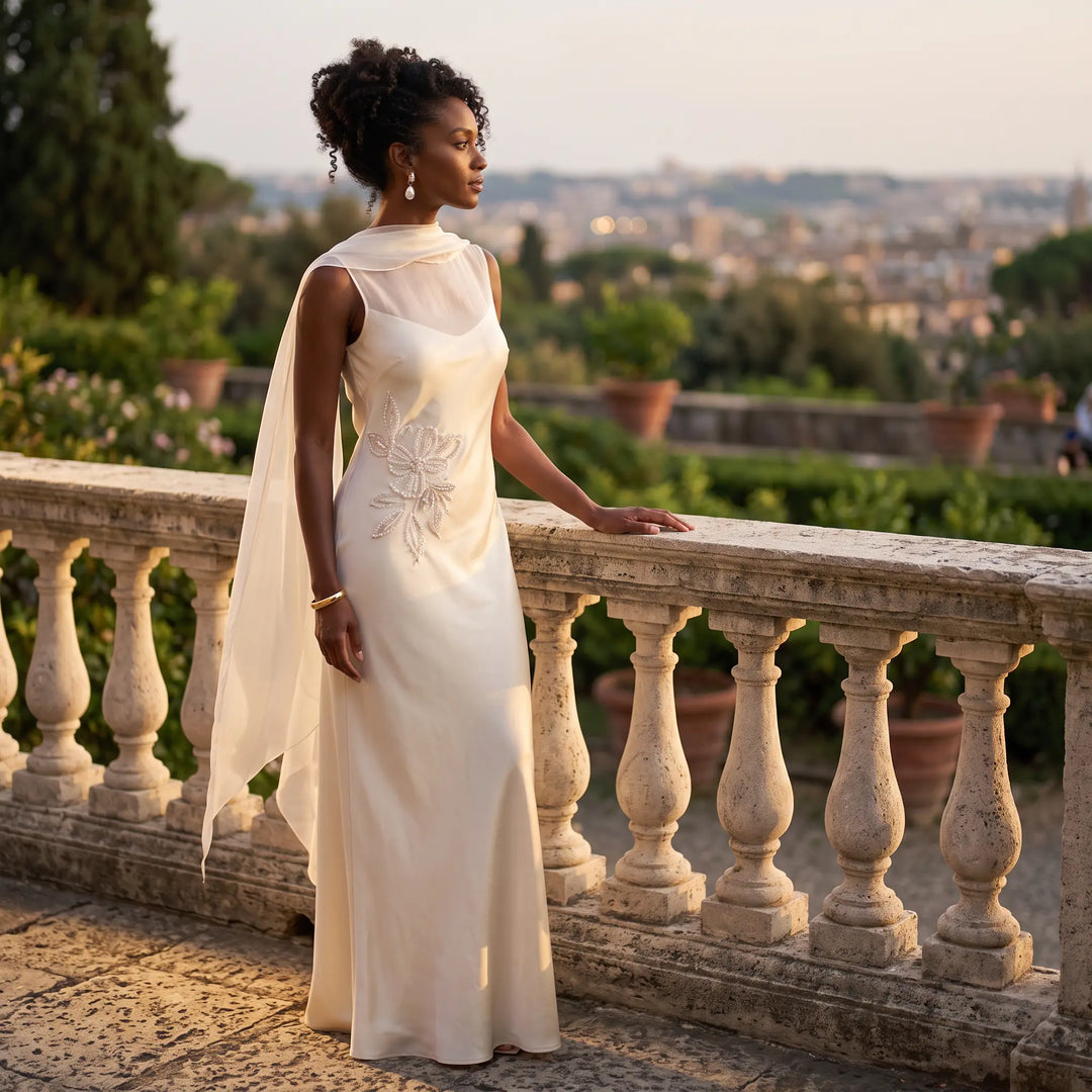Elegant ivory satin column gown with intricate pearl floral embroidery and a flowing sheer chiffon cape, modeled by a woman posing on a terrace overlooking a cityscape.