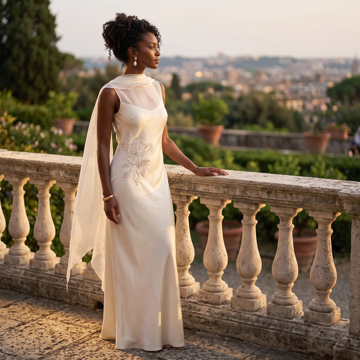 Elegant ivory satin column gown with intricate pearl floral embroidery and a flowing sheer chiffon cape, modeled by a woman posing on a terrace overlooking a cityscape.