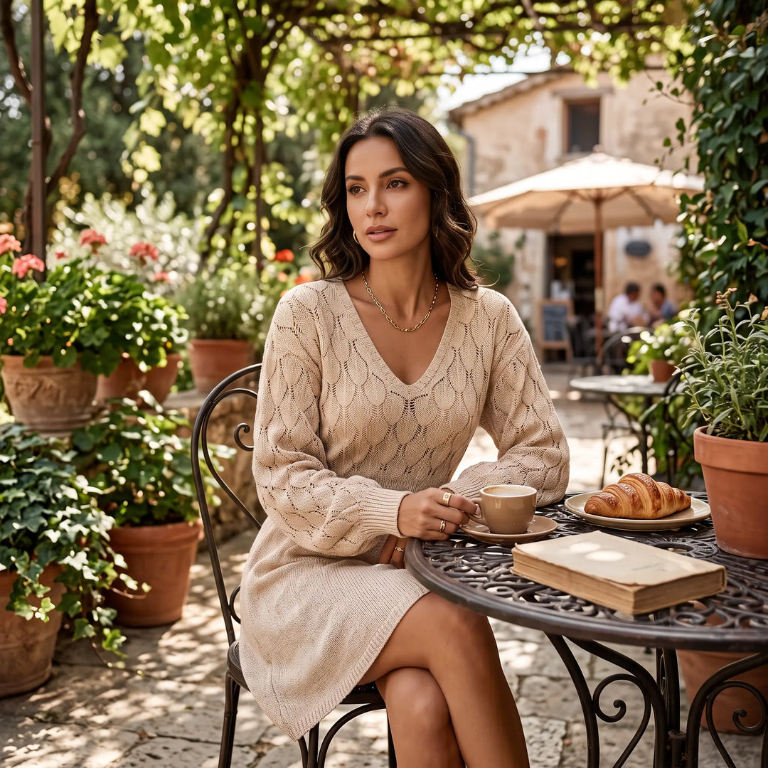 A woman models a beige V-neck knit midi dress with textured fish-scale pattern on the yoke and sleeves, sitting at an outdoor cafe table with coffee and a croissant.