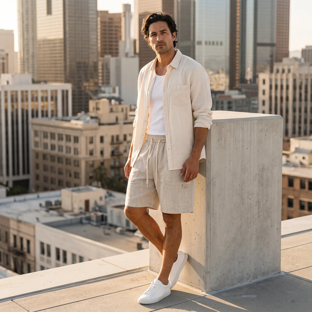 Man wearing Zylos Khaki relaxed fit linen blend shorts with elasticated waistband and rope drawstring, styled with a light shirt and white sneakers against a city skyline.