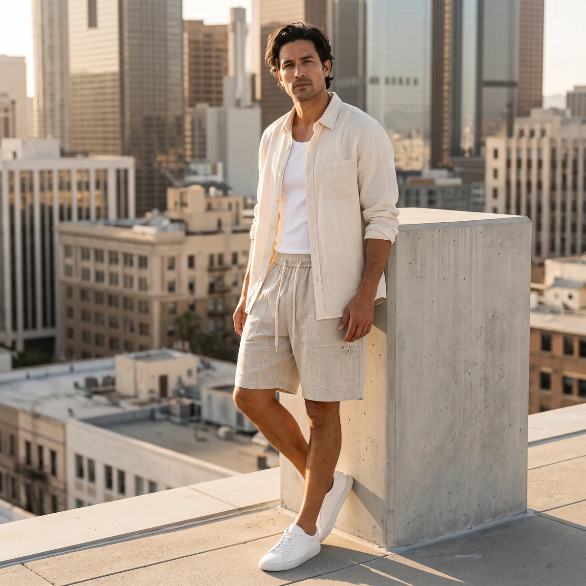Man wearing Zylos Khaki relaxed fit linen blend shorts with elasticated waistband and rope drawstring, styled with a light shirt and white sneakers against a city skyline.