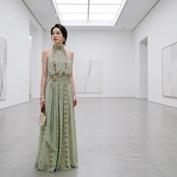 Elegant mint green georgette maxi dress with botanical print, halter neckline, and gold buckle waist, modeled in a modern art gallery setting.